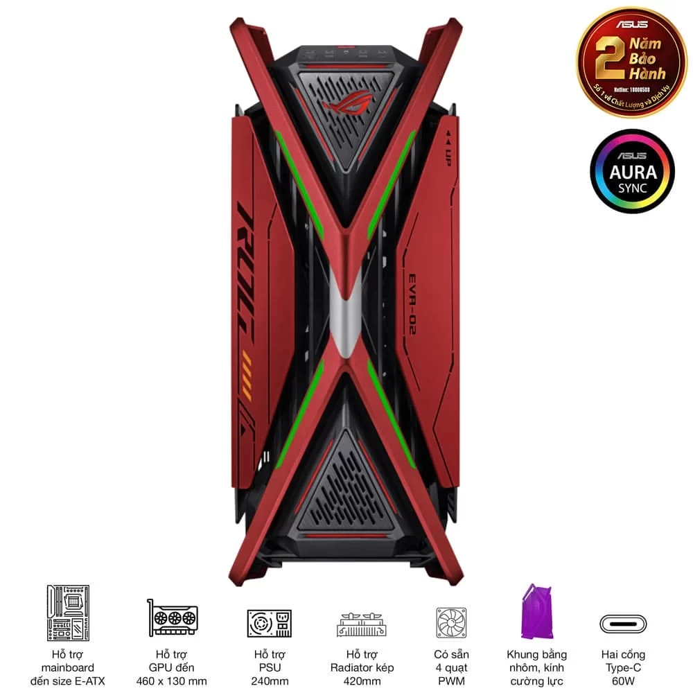 ASUS ROG Hyperion GR701 EVA-02 Edition Flagship Gaming PC Case - Red, 420mm dual radiator support, 4x140mm fans, metal GPU holder, component storage, ARGB fan hub, 60W fast charging 4 ASUS ROG Hyperion GR701 EVA-02 Edition Flagship Gaming PC Case - Red, 420mm dual radiator support, 4x140mm fans, metal GPU holder, component storage, ARGB fan hub, 60W fast charging - Ảnh 4
