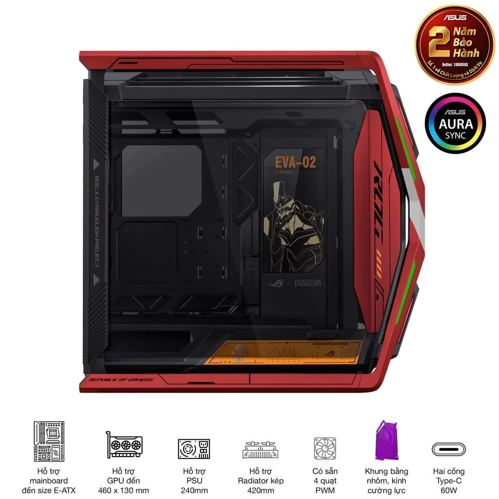 ASUS ROG Hyperion GR701 EVA-02 Edition Flagship Gaming PC Case - Red, 420mm dual radiator support, 4x140mm fans, metal GPU holder, component storage, ARGB fan hub, 60W fast charging 6 ASUS ROG Hyperion GR701 EVA-02 Edition Flagship Gaming PC Case - Red, 420mm dual radiator support, 4x140mm fans, metal GPU holder, component storage, ARGB fan hub, 60W fast charging - Ảnh 6