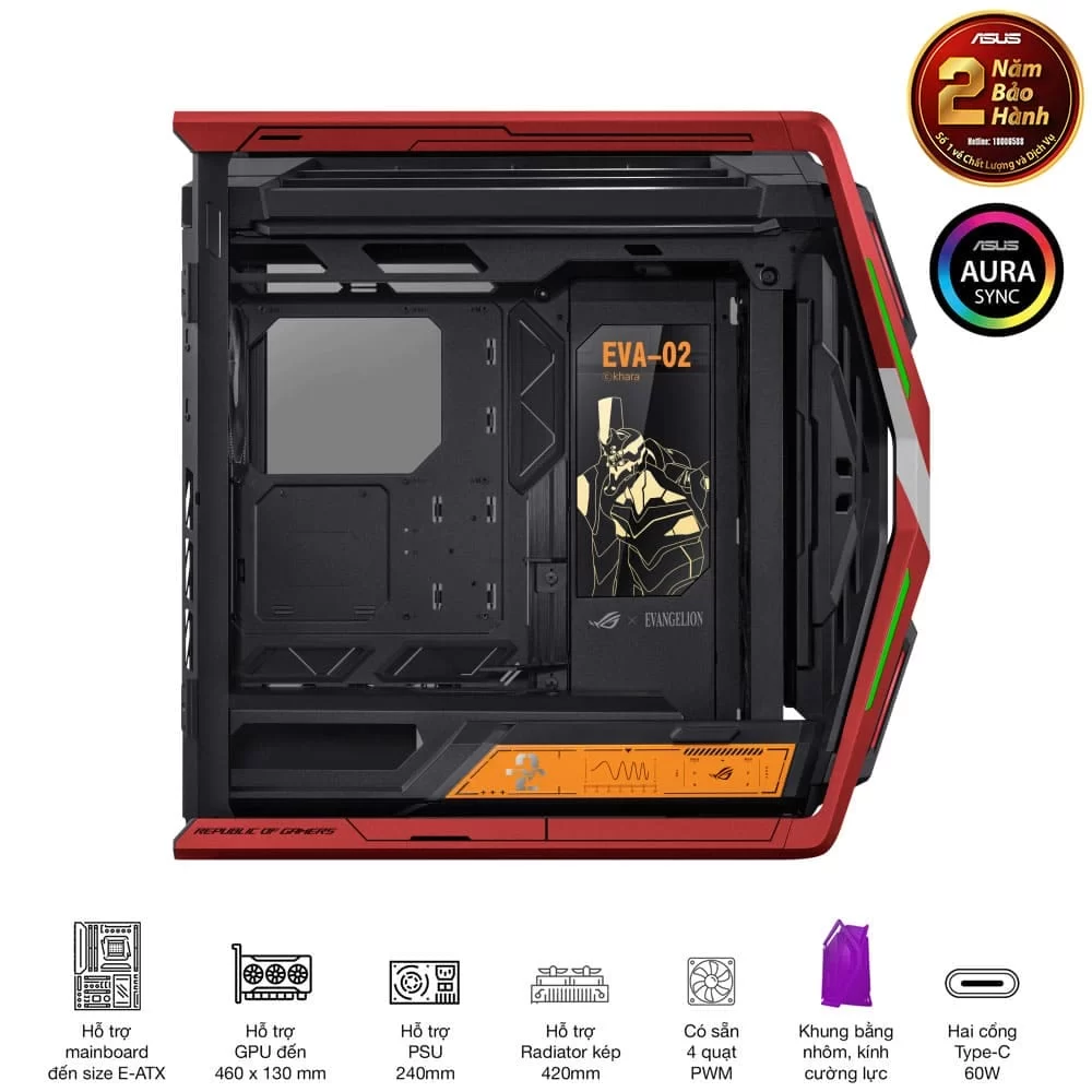 ASUS ROG Hyperion GR701 EVA-02 Edition Flagship Gaming PC Case - Red, 420mm dual radiator support, 4x140mm fans, metal GPU holder, component storage, ARGB fan hub, 60W fast charging 7 ASUS ROG Hyperion GR701 EVA-02 Edition Flagship Gaming PC Case - Red, 420mm dual radiator support, 4x140mm fans, metal GPU holder, component storage, ARGB fan hub, 60W fast charging - Ảnh 7
