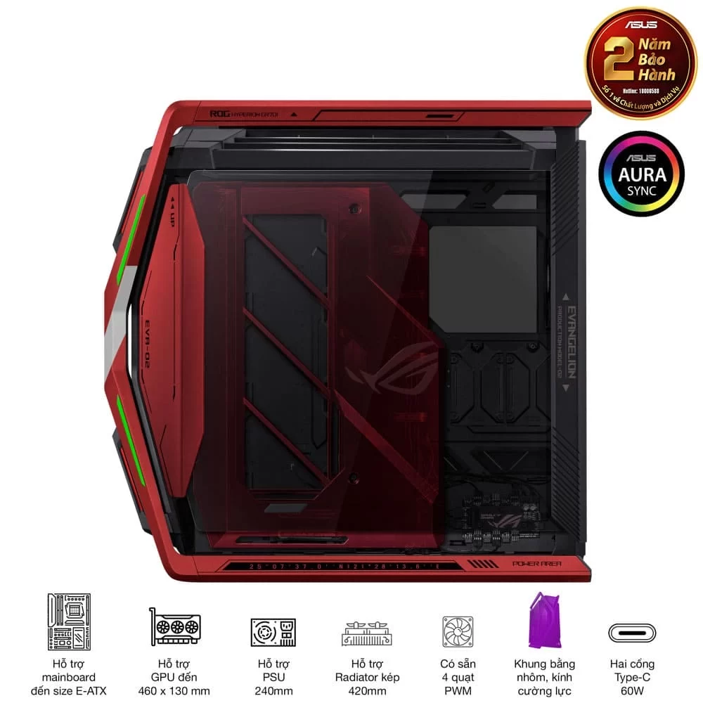 ASUS ROG Hyperion GR701 EVA-02 Edition Flagship Gaming PC Case - Red, 420mm dual radiator support, 4x140mm fans, metal GPU holder, component storage, ARGB fan hub, 60W fast charging 8 ASUS ROG Hyperion GR701 EVA-02 Edition Flagship Gaming PC Case - Red, 420mm dual radiator support, 4x140mm fans, metal GPU holder, component storage, ARGB fan hub, 60W fast charging - Ảnh 8