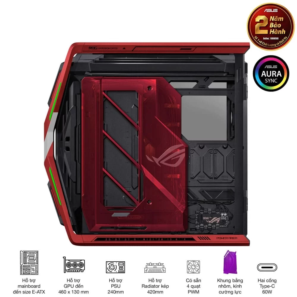 ASUS ROG Hyperion GR701 EVA-02 Edition Flagship Gaming PC Case - Red, 420mm dual radiator support, 4x140mm fans, metal GPU holder, component storage, ARGB fan hub, 60W fast charging 9 ASUS ROG Hyperion GR701 EVA-02 Edition Flagship Gaming PC Case - Red, 420mm dual radiator support, 4x140mm fans, metal GPU holder, component storage, ARGB fan hub, 60W fast charging - Ảnh 9