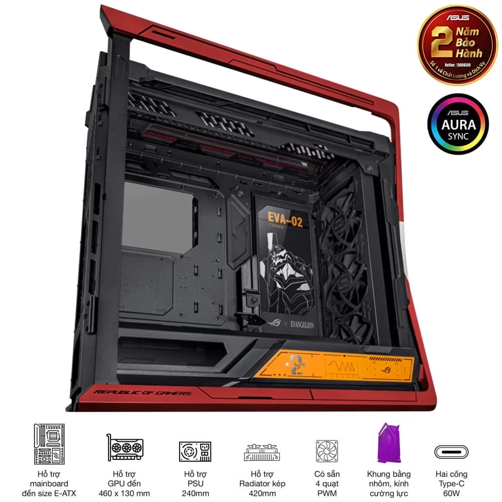 ASUS ROG Hyperion GR701 EVA-02 Edition Flagship Gaming PC Case - Red, 420mm dual radiator support, 4x140mm fans, metal GPU holder, component storage, ARGB fan hub, 60W fast charging 11 ASUS ROG Hyperion GR701 EVA-02 Edition Flagship Gaming PC Case - Red, 420mm dual radiator support, 4x140mm fans, metal GPU holder, component storage, ARGB fan hub, 60W fast charging - Ảnh 11
