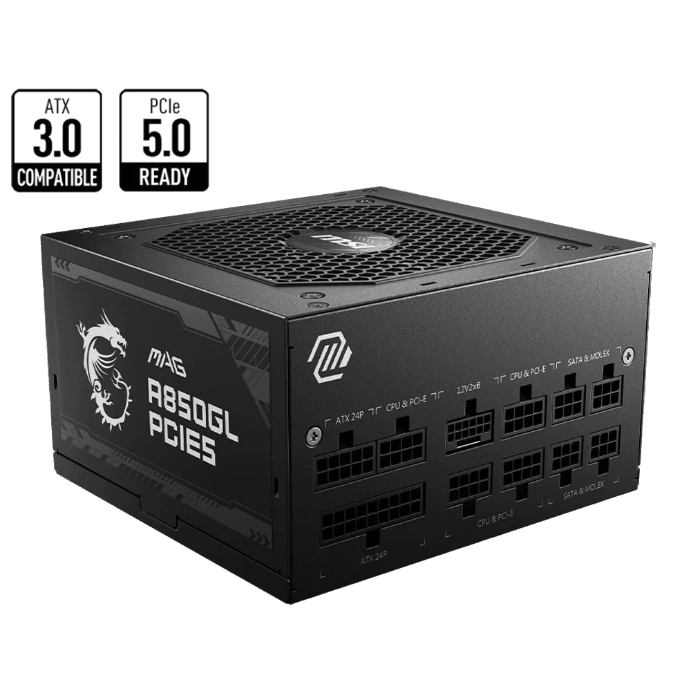 MSI MAG A850GL PCIE5 PSU - 850W, 80 plus Gold, Full-Modular, Flat Cables, Single Rail 1 MSI MAG A850GL PCIE5 PSU - 850W, 80 plus Gold, Full-Modular, Flat Cables, Single Rail