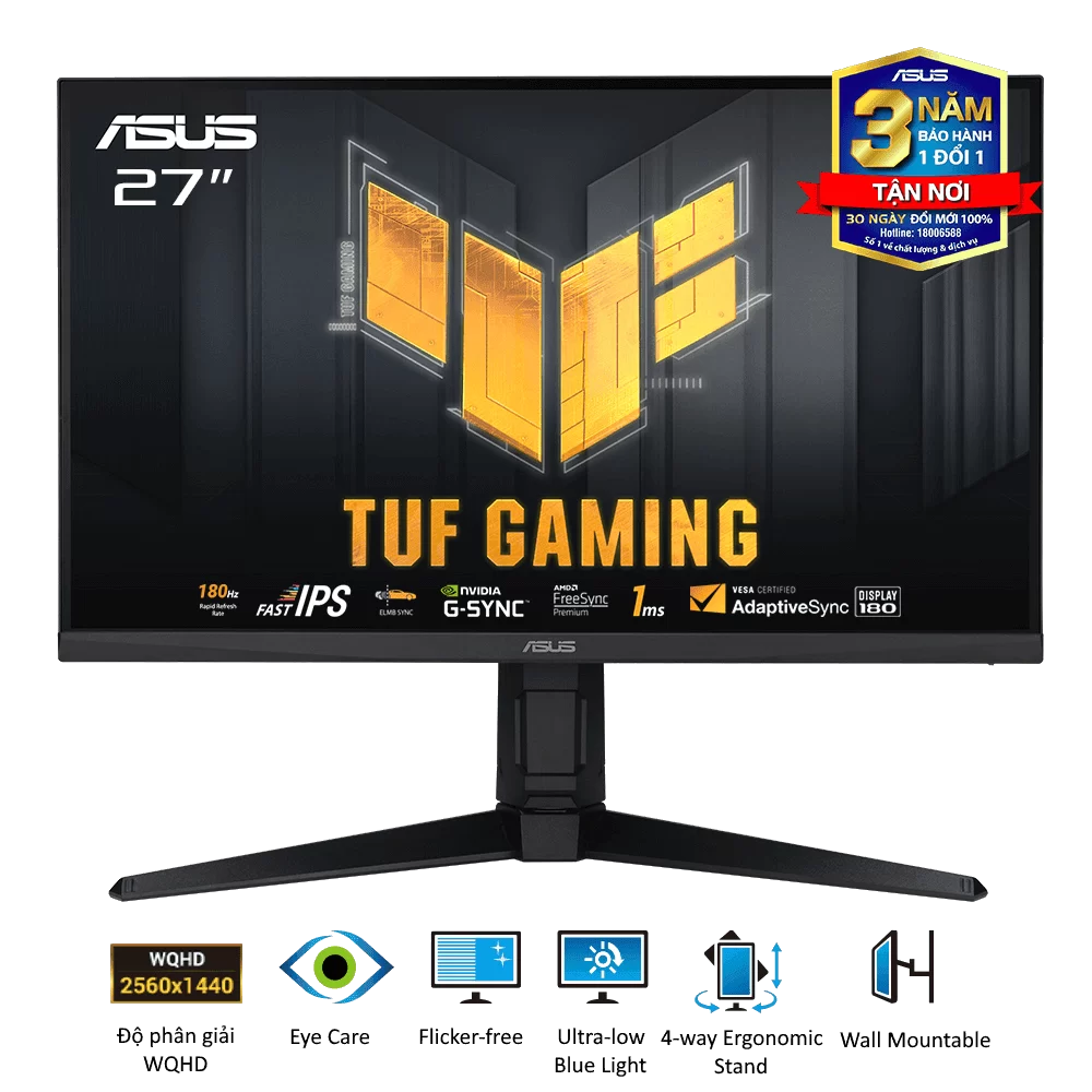 ASUS TUF Gaming VG27AQ3A Gaming Monitor - 27 inch, QHD(2560x1440), 180Hz, Fast IPS, ELMB Sync, 1ms (GTG), Freesync Premium™, tương thích G-Sync, Variable Overdrive, 130% sRGB 1 ASUS TUF Gaming VG27AQ3A Gaming Monitor - 27 inch, QHD(2560x1440), 180Hz, Fast IPS, ELMB Sync, 1ms (GTG), Freesync Premium™, tương thích G-Sync, Variable Overdrive, 130% sRGB
