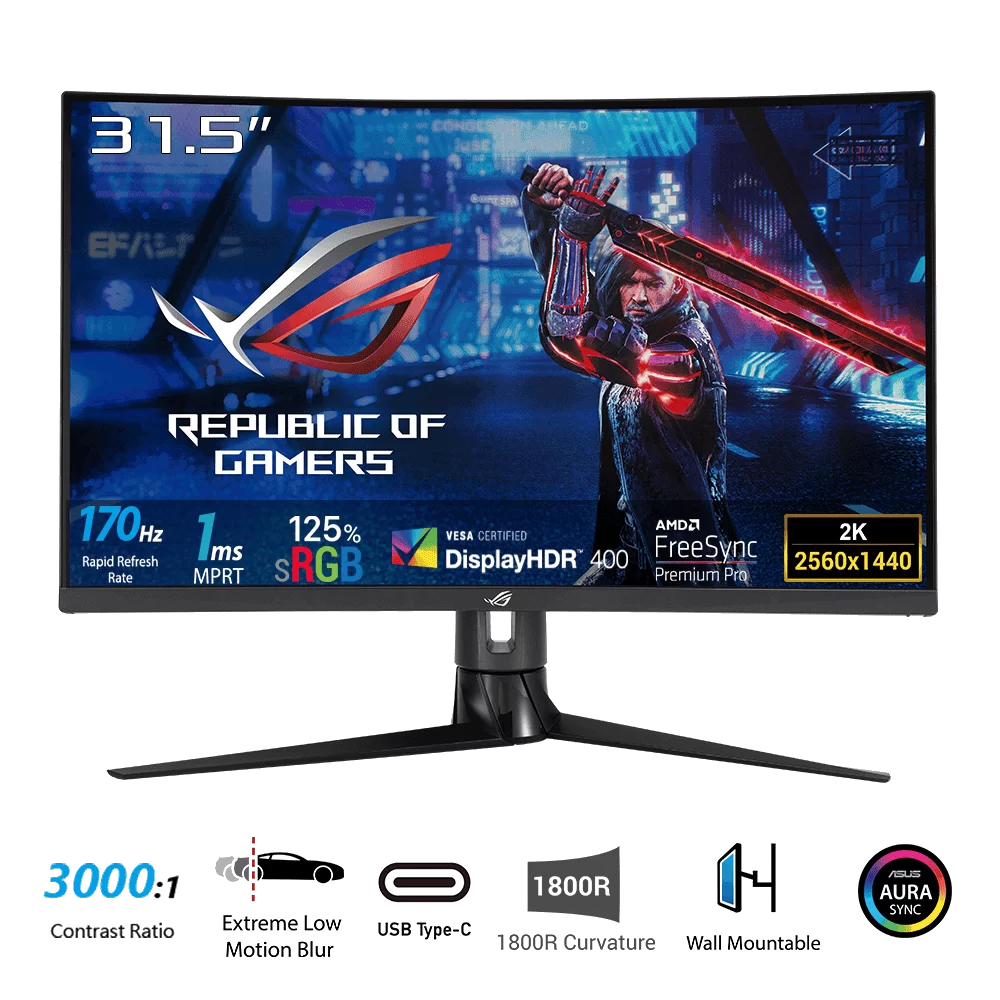 ASUS ROG Strix XG32VC Gaming Monitor - 31.5 inch WQHD (2560 x 1440), 170Hz * (Over144Hz), 1ms MPRT, Extreme Low Motion Blur Sync, 125% sRGB, FreeSync Premium Pro, DisplayHDR ™ 400 1 ASUS ROG Strix XG32VC Gaming Monitor - 31.5 inch WQHD (2560 x 1440), 170Hz * (Over144Hz), 1ms MPRT, Extreme Low Motion Blur Sync, 125% sRGB, FreeSync Premium Pro, DisplayHDR ™ 400