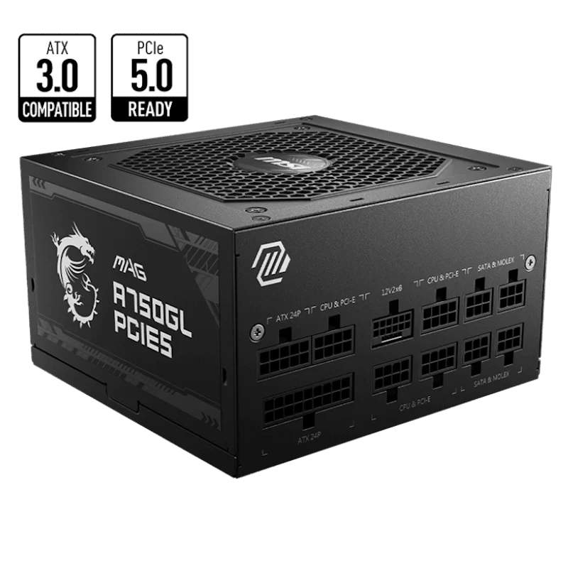 MSI MAG A750GL PCIE5 PSU - 750W, 80 plus Gold, Full-Modular, Flat Cables, Single Rail 1 MSI MAG A750GL PCIE5 PSU - 750W, 80 plus Gold, Full-Modular, Flat Cables, Single Rail