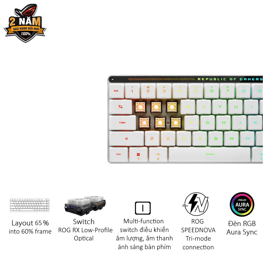 ASUS ROG Falchion RX Low Profile 65% Wireless Gaming Keyboard – ROG RX Low-Profile switches, Tri-Mode Connection, Silicone dampening Foam, Touch Panel 2 ASUS ROG Falchion RX Low Profile 65% Wireless Gaming Keyboard – ROG RX Low-Profile switches, Tri-Mode Connection, Silicone dampening Foam, Touch Panel - Ảnh 2