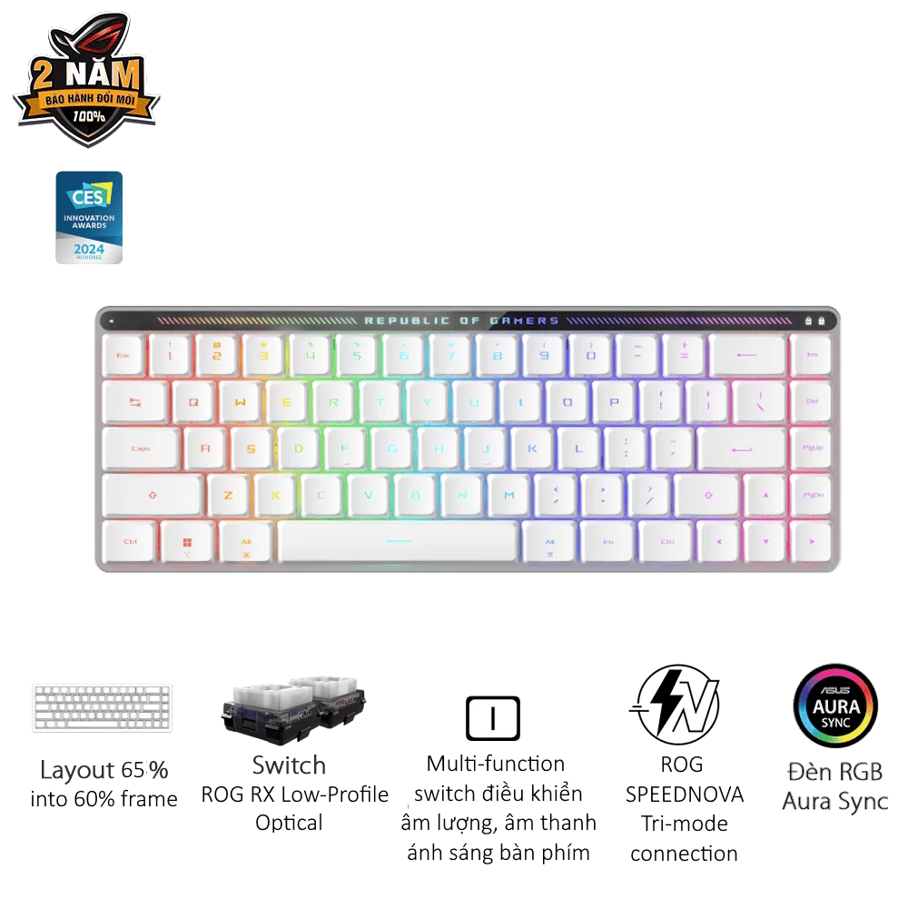 ASUS ROG Falchion RX Low Profile 65% Wireless Gaming Keyboard – ROG RX Low-Profile switches, Tri-Mode Connection, Silicone dampening Foam, Touch Panel 1 ASUS ROG Falchion RX Low Profile 65% Wireless Gaming Keyboard – ROG RX Low-Profile switches, Tri-Mode Connection, Silicone dampening Foam, Touch Panel