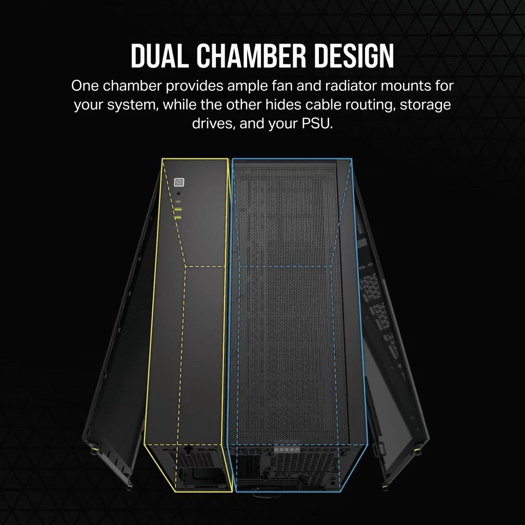 CORSAIR 2500X Black - Dual Chamber, Tempered Glass, mATX Mid Tower Case 4 CORSAIR 2500X Black - Dual Chamber, Tempered Glass, mATX Mid Tower Case - Ảnh 4