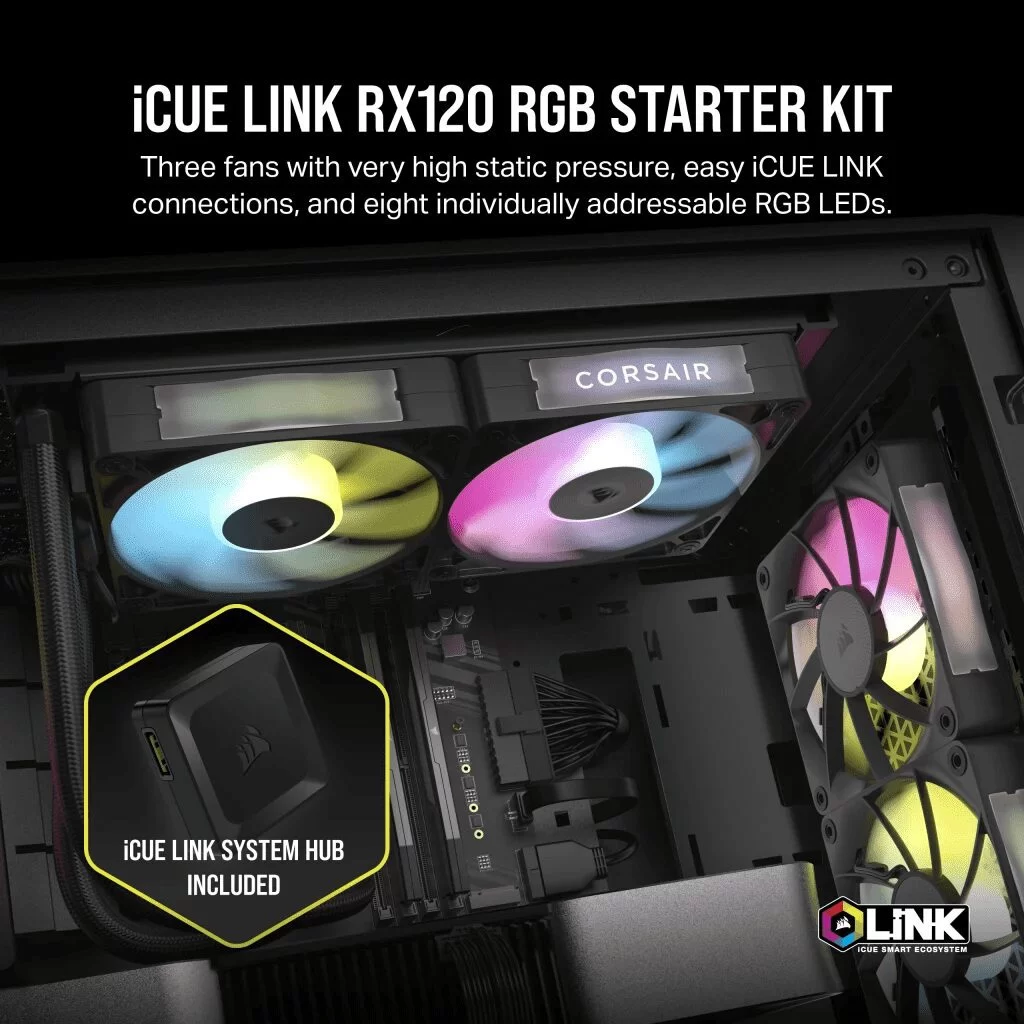 CORSAIR iCUE LINK RX120 MAX RGB Black 120mm PWM Thick Fans Starter Kit Fans - 3x 120mm PWM Fan, iCUE LINK System Hub included 4 CORSAIR iCUE LINK RX120 MAX RGB Black 120mm PWM Thick Fans Starter Kit Fans - 3x 120mm PWM Fan, iCUE LINK System Hub included - Ảnh 4