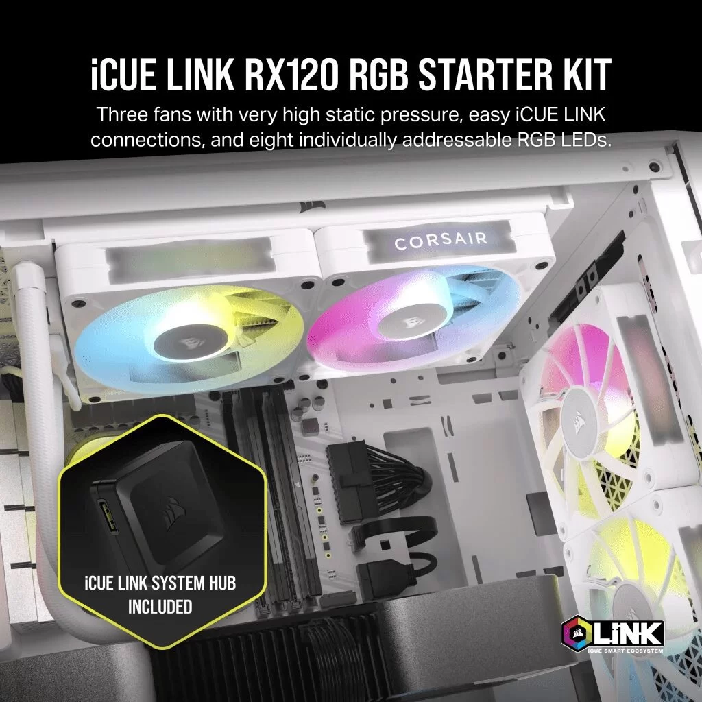 CORSAIR iCUE LINK RX120 RGB White Triple Starter Kit Fans - 3x 120mm PWM Fan, iCUE LINK System Hub included 5 CORSAIR iCUE LINK RX120 RGB White Triple Starter Kit Fans - 3x 120mm PWM Fan, iCUE LINK System Hub included - Ảnh 5