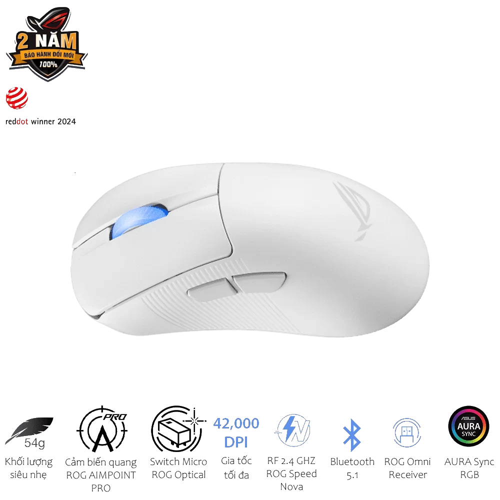 ASUS ROG Keris II Ace AimPoint Pro White Gaming Mouse - 54g, Wireless 2.4GHz RF, Bluetooth 5.1, Wired USB 2.0, 42K dpi ROG AimPoint Pro optical sensor 7 ASUS ROG Keris II Ace AimPoint Pro White Gaming Mouse - 54g, Wireless 2.4GHz RF, Bluetooth 5.1, Wired USB 2.0, 42K dpi ROG AimPoint Pro optical sensor - Ảnh 7
