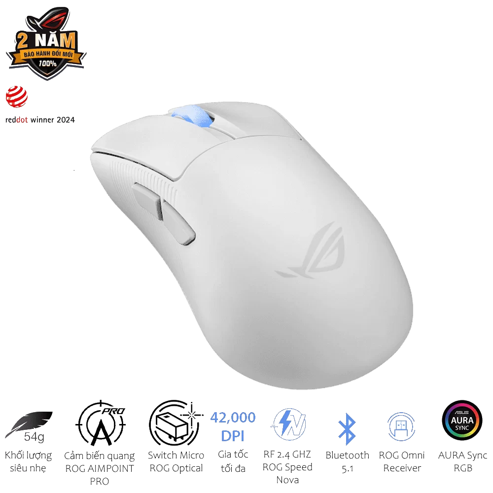 ASUS ROG Keris II Ace AimPoint Pro White Gaming Mouse - 54g, Wireless 2.4GHz RF, Bluetooth 5.1, Wired USB 2.0, 42K dpi ROG AimPoint Pro optical sensor 8 ASUS ROG Keris II Ace AimPoint Pro White Gaming Mouse - 54g, Wireless 2.4GHz RF, Bluetooth 5.1, Wired USB 2.0, 42K dpi ROG AimPoint Pro optical sensor - Ảnh 8