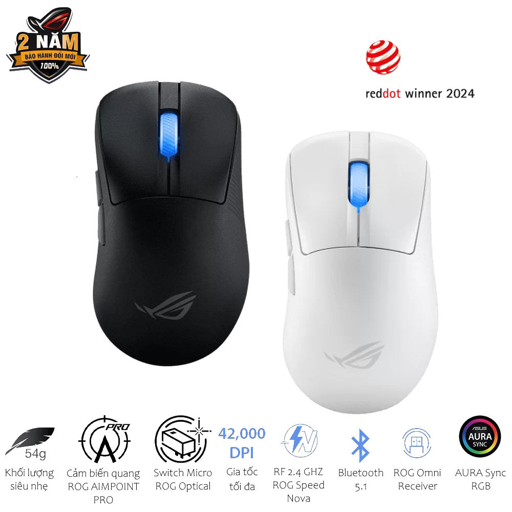 ASUS ROG Keris II Ace AimPoint Pro White Gaming Mouse - 54g, Wireless 2.4GHz RF, Bluetooth 5.1, Wired USB 2.0, 42K dpi ROG AimPoint Pro optical sensor 9 ASUS ROG Keris II Ace AimPoint Pro White Gaming Mouse - 54g, Wireless 2.4GHz RF, Bluetooth 5.1, Wired USB 2.0, 42K dpi ROG AimPoint Pro optical sensor - Ảnh 9