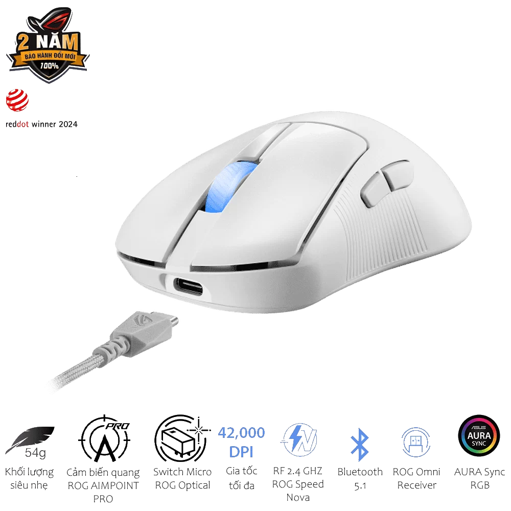 ASUS ROG Keris II Ace AimPoint Pro White Gaming Mouse - 54g, Wireless 2.4GHz RF, Bluetooth 5.1, Wired USB 2.0, 42K dpi ROG AimPoint Pro optical sensor 10 ASUS ROG Keris II Ace AimPoint Pro White Gaming Mouse - 54g, Wireless 2.4GHz RF, Bluetooth 5.1, Wired USB 2.0, 42K dpi ROG AimPoint Pro optical sensor - Ảnh 10