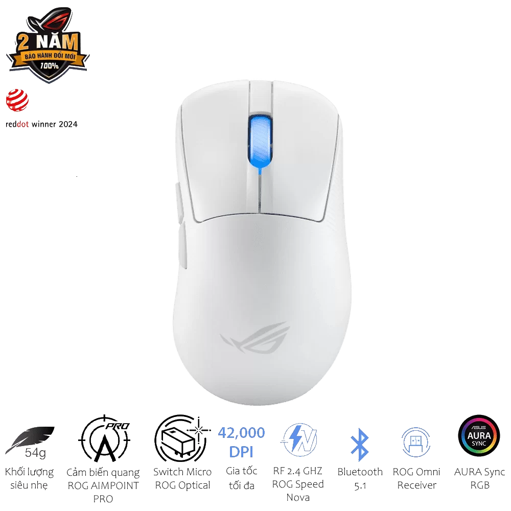 ASUS ROG Keris II Ace AimPoint Pro White Gaming Mouse - 54g, Wireless 2.4GHz RF, Bluetooth 5.1, Wired USB 2.0, 42K dpi ROG AimPoint Pro optical sensor 11 ASUS ROG Keris II Ace AimPoint Pro White Gaming Mouse - 54g, Wireless 2.4GHz RF, Bluetooth 5.1, Wired USB 2.0, 42K dpi ROG AimPoint Pro optical sensor - Ảnh 11