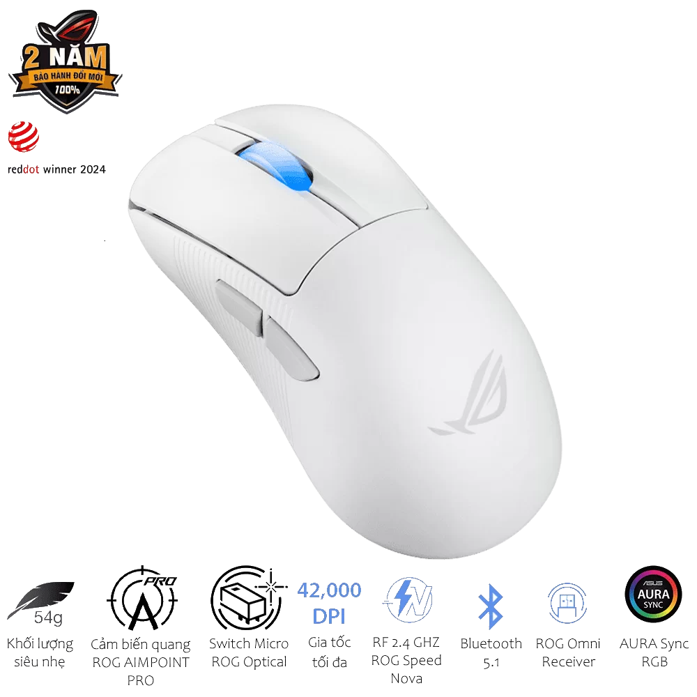 ASUS ROG Keris II Ace AimPoint Pro White Gaming Mouse - 54g, Wireless 2.4GHz RF, Bluetooth 5.1, Wired USB 2.0, 42K dpi ROG AimPoint Pro optical sensor 1 ASUS ROG Keris II Ace AimPoint Pro White Gaming Mouse - 54g, Wireless 2.4GHz RF, Bluetooth 5.1, Wired USB 2.0, 42K dpi ROG AimPoint Pro optical sensor