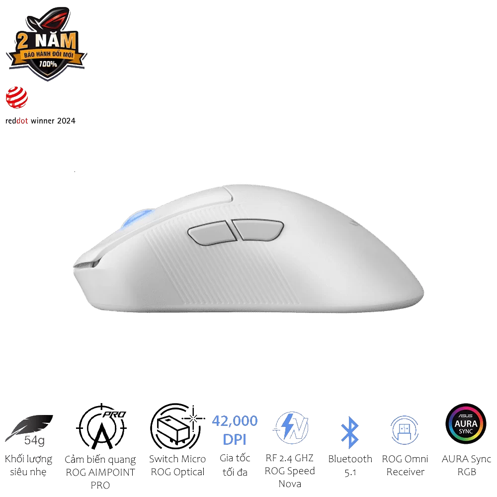 ASUS ROG Keris II Ace AimPoint Pro White Gaming Mouse - 54g, Wireless 2.4GHz RF, Bluetooth 5.1, Wired USB 2.0, 42K dpi ROG AimPoint Pro optical sensor 3 ASUS ROG Keris II Ace AimPoint Pro White Gaming Mouse - 54g, Wireless 2.4GHz RF, Bluetooth 5.1, Wired USB 2.0, 42K dpi ROG AimPoint Pro optical sensor - Ảnh 3