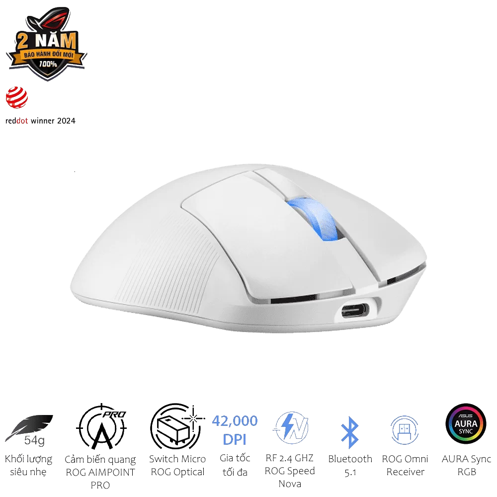 ASUS ROG Keris II Ace AimPoint Pro White Gaming Mouse - 54g, Wireless 2.4GHz RF, Bluetooth 5.1, Wired USB 2.0, 42K dpi ROG AimPoint Pro optical sensor 4 ASUS ROG Keris II Ace AimPoint Pro White Gaming Mouse - 54g, Wireless 2.4GHz RF, Bluetooth 5.1, Wired USB 2.0, 42K dpi ROG AimPoint Pro optical sensor - Ảnh 4