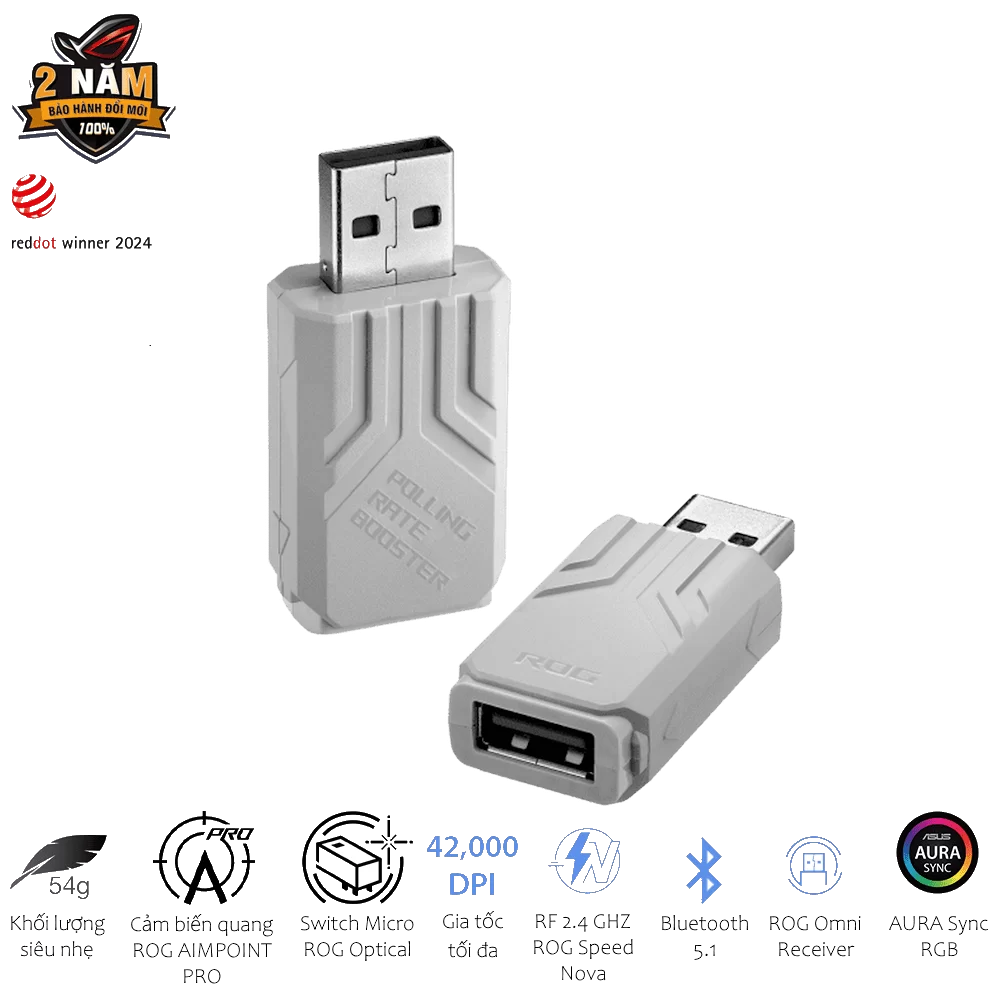 ASUS ROG Keris II Ace AimPoint Pro White Gaming Mouse - 54g, Wireless 2.4GHz RF, Bluetooth 5.1, Wired USB 2.0, 42K dpi ROG AimPoint Pro optical sensor 5 ASUS ROG Keris II Ace AimPoint Pro White Gaming Mouse - 54g, Wireless 2.4GHz RF, Bluetooth 5.1, Wired USB 2.0, 42K dpi ROG AimPoint Pro optical sensor - Ảnh 5