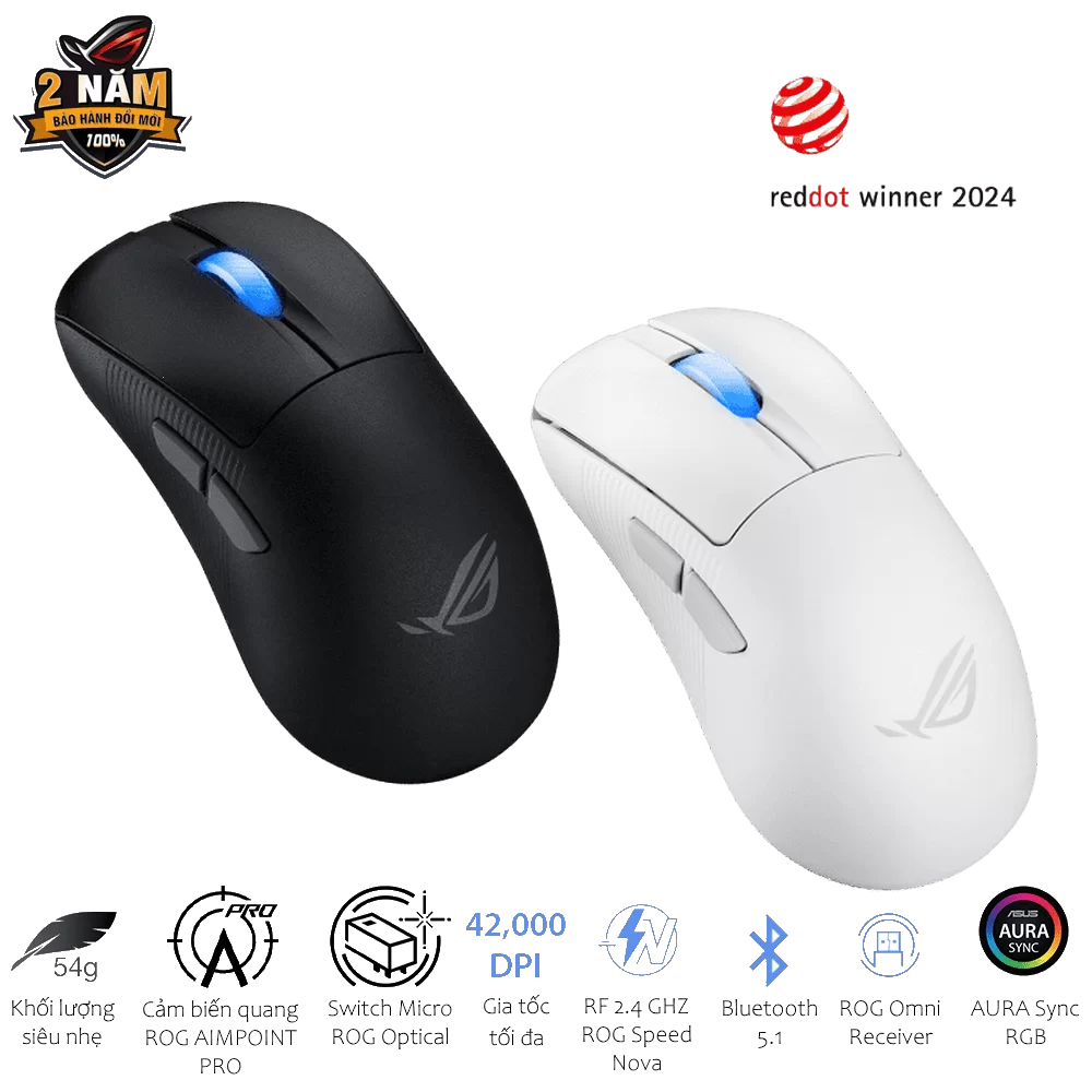 ASUS ROG Keris II Ace AimPoint Pro White Gaming Mouse - 54g, Wireless 2.4GHz RF, Bluetooth 5.1, Wired USB 2.0, 42K dpi ROG AimPoint Pro optical sensor 6 ASUS ROG Keris II Ace AimPoint Pro White Gaming Mouse - 54g, Wireless 2.4GHz RF, Bluetooth 5.1, Wired USB 2.0, 42K dpi ROG AimPoint Pro optical sensor - Ảnh 6