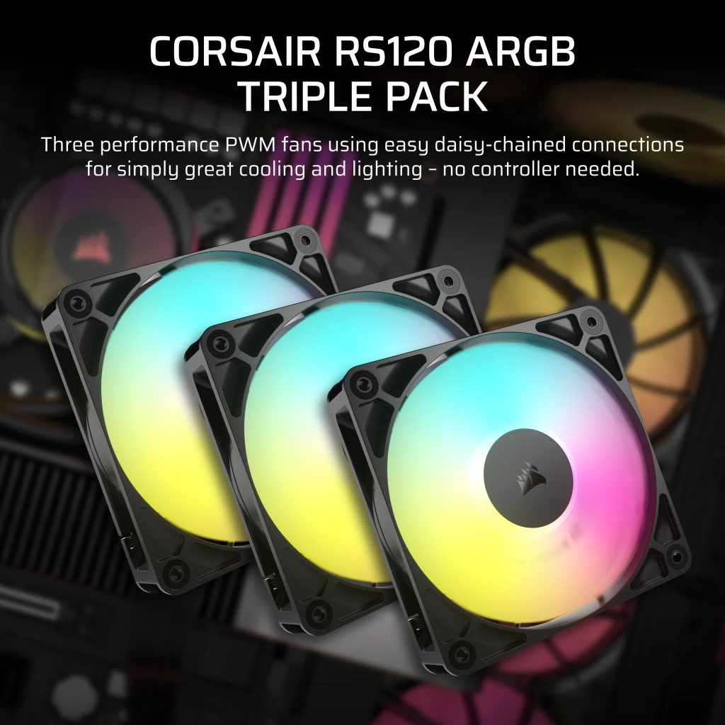 CORSAIR RS120 ARGB Triple Pack Black (CO-9050181-WW) Fans - 3x120mm 2100RPM Static Pressure RGB Fan, Daisy Chain 4 Pin PWM, +5V ARGB Connections 6 CORSAIR RS120 ARGB Triple Pack Black (CO-9050181-WW) Fans - 3x120mm 2100RPM Static Pressure RGB Fan, Daisy Chain 4 Pin PWM, +5V ARGB Connections - Ảnh 6