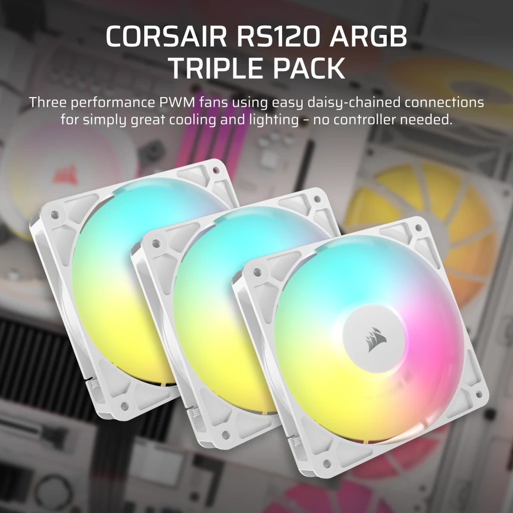 CORSAIR RS120 ARGB Triple Pack White (CO-9050185-WW) Fans - 3x120mm 2100RPM Static Pressure RGB Fan, Daisy Chain 4 Pin PWM, +5V ARGB Connections 8 CORSAIR RS120 ARGB Triple Pack White (CO-9050185-WW) Fans - 3x120mm 2100RPM Static Pressure RGB Fan, Daisy Chain 4 Pin PWM, +5V ARGB Connections - Ảnh 8