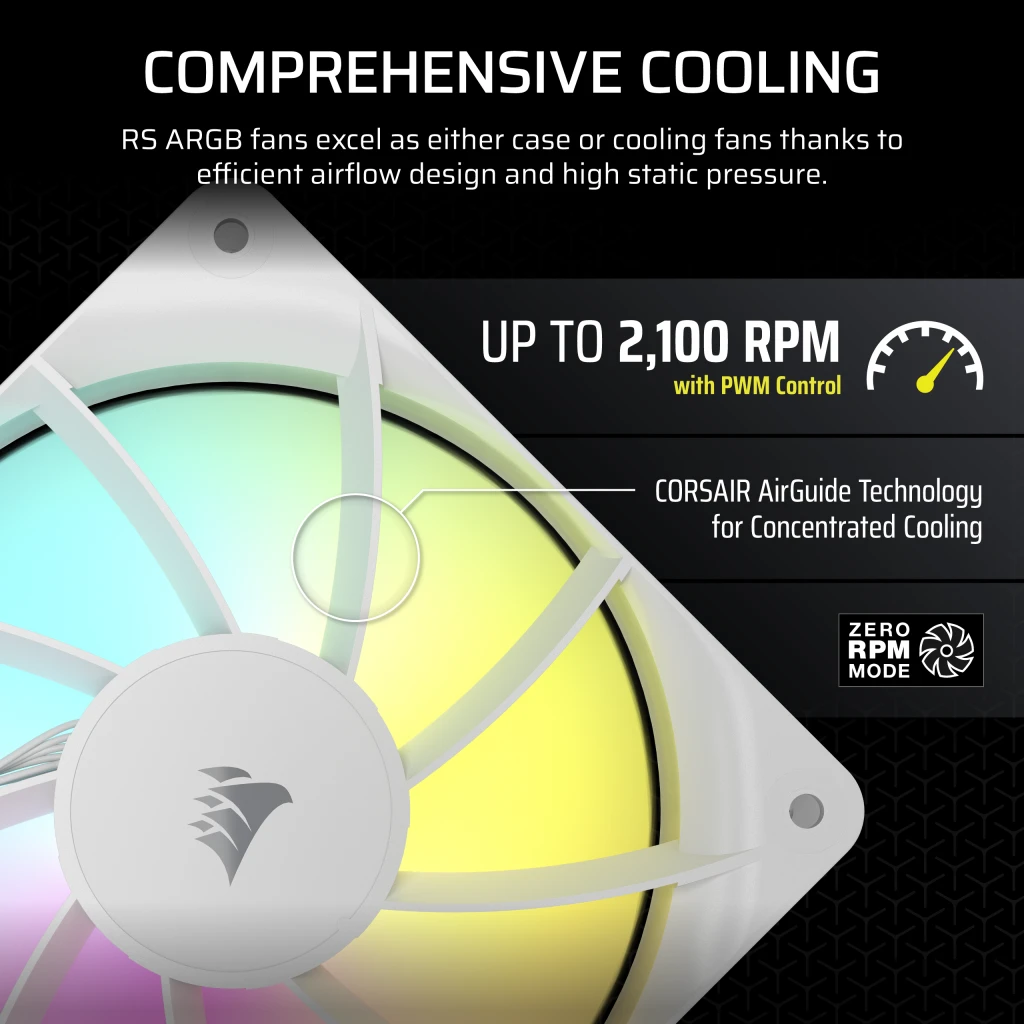 CORSAIR RS120 ARGB Triple Pack White (CO-9050185-WW) Fans - 3x120mm 2100RPM Static Pressure RGB Fan, Daisy Chain 4 Pin PWM, +5V ARGB Connections 10 CORSAIR RS120 ARGB Triple Pack White (CO-9050185-WW) Fans - 3x120mm 2100RPM Static Pressure RGB Fan, Daisy Chain 4 Pin PWM, +5V ARGB Connections - Ảnh 10