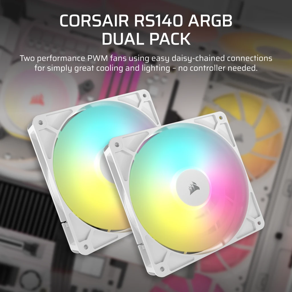 CORSAIR RS140 ARGB Dual Pack White (CO-9050187-WW) Fans - 2x 140mm 1700RPM Static Pressure RGB Fan, Daisy Chain 4 Pin PWM, +5V ARGB Connections 7 CORSAIR RS140 ARGB Dual Pack White (CO-9050187-WW) Fans - 2x 140mm 1700RPM Static Pressure RGB Fan, Daisy Chain 4 Pin PWM, +5V ARGB Connections - Ảnh 7