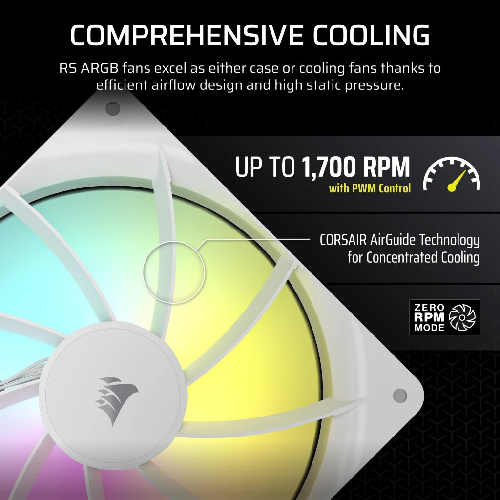 CORSAIR RS140 ARGB Dual Pack White (CO-9050187-WW) Fans - 2x 140mm 1700RPM Static Pressure RGB Fan, Daisy Chain 4 Pin PWM, +5V ARGB Connections 10 CORSAIR RS140 ARGB Dual Pack White (CO-9050187-WW) Fans - 2x 140mm 1700RPM Static Pressure RGB Fan, Daisy Chain 4 Pin PWM, +5V ARGB Connections - Ảnh 10