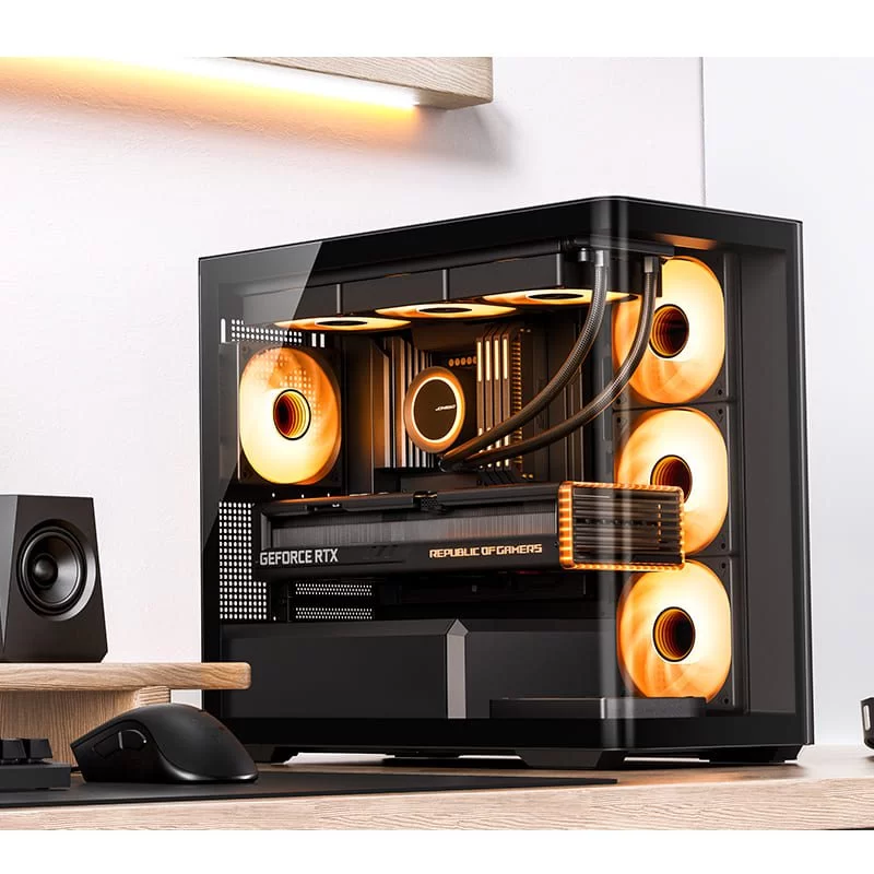 Jonsbo D300 Black Micro-ATX Tower Case - One-Piece Glass Panel AO270 Deg View, MATX Back Plug-in BTF Motherboard, Support 360 AIO 4 Jonsbo D300 Black Micro-ATX Tower Case - One-Piece Glass Panel AO270 Deg View, MATX Back Plug-in BTF Motherboard, Support 360 AIO - Ảnh 4