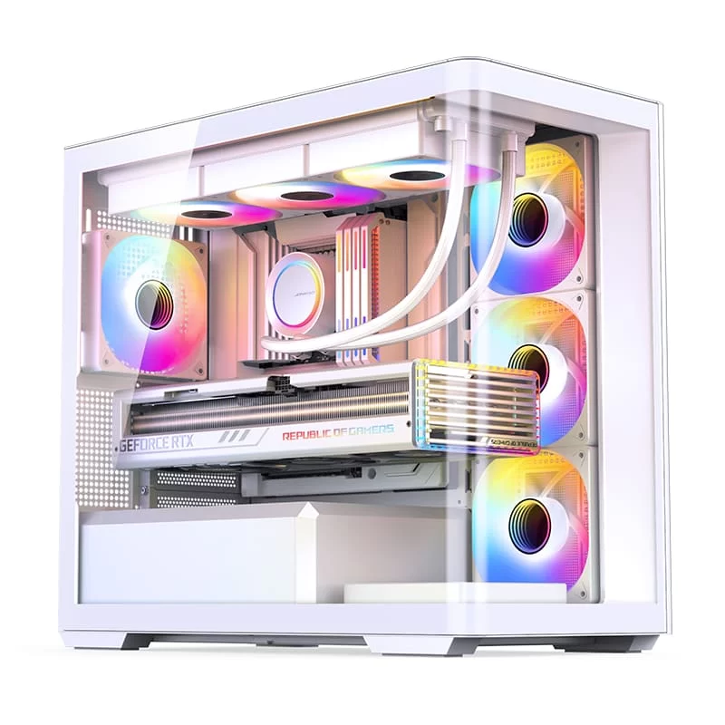 Jonsbo D300 White Micro-ATX Tower Case - One-Piece Glass Panel AO270 Deg View, MATX Back Plug-in BTF Motherboard, Support 360 AIO 2 Jonsbo D300 White Micro-ATX Tower Case - One-Piece Glass Panel AO270 Deg View, MATX Back Plug-in BTF Motherboard, Support 360 AIO - Ảnh 2