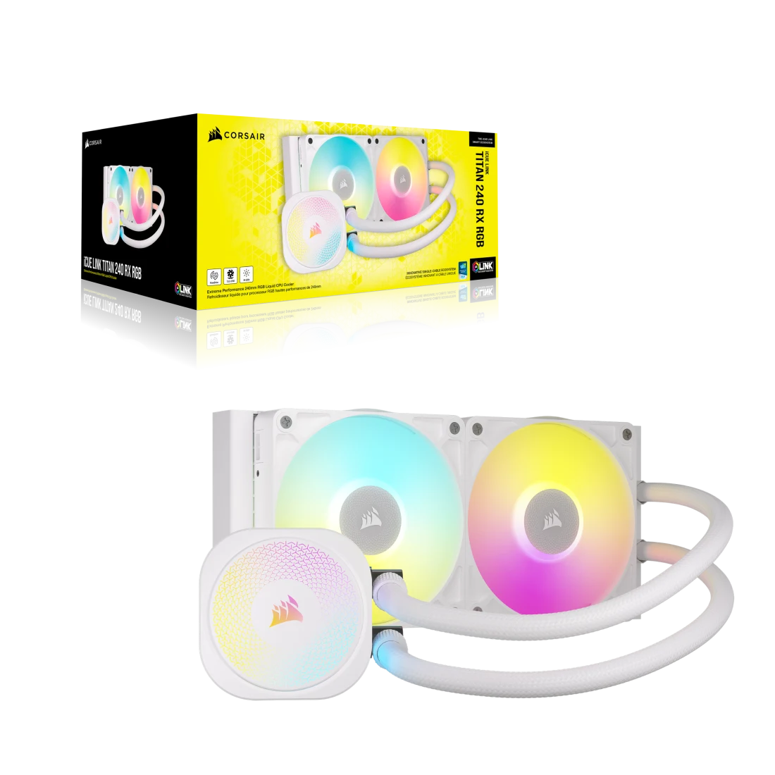 CORSAIR iCUE LINK TITAN 240 RX RGB AIO Liquid CPU Cooler (CW-9061020-WW) - White, 240mm radiator, 2x 120mm RX120 RGB fans, iCUE LINK System Hub included 2 CORSAIR iCUE LINK TITAN 240 RX RGB AIO Liquid CPU Cooler (CW-9061020-WW) - White, 240mm radiator, 2x 120mm RX120 RGB fans, iCUE LINK System Hub included - Ảnh 2