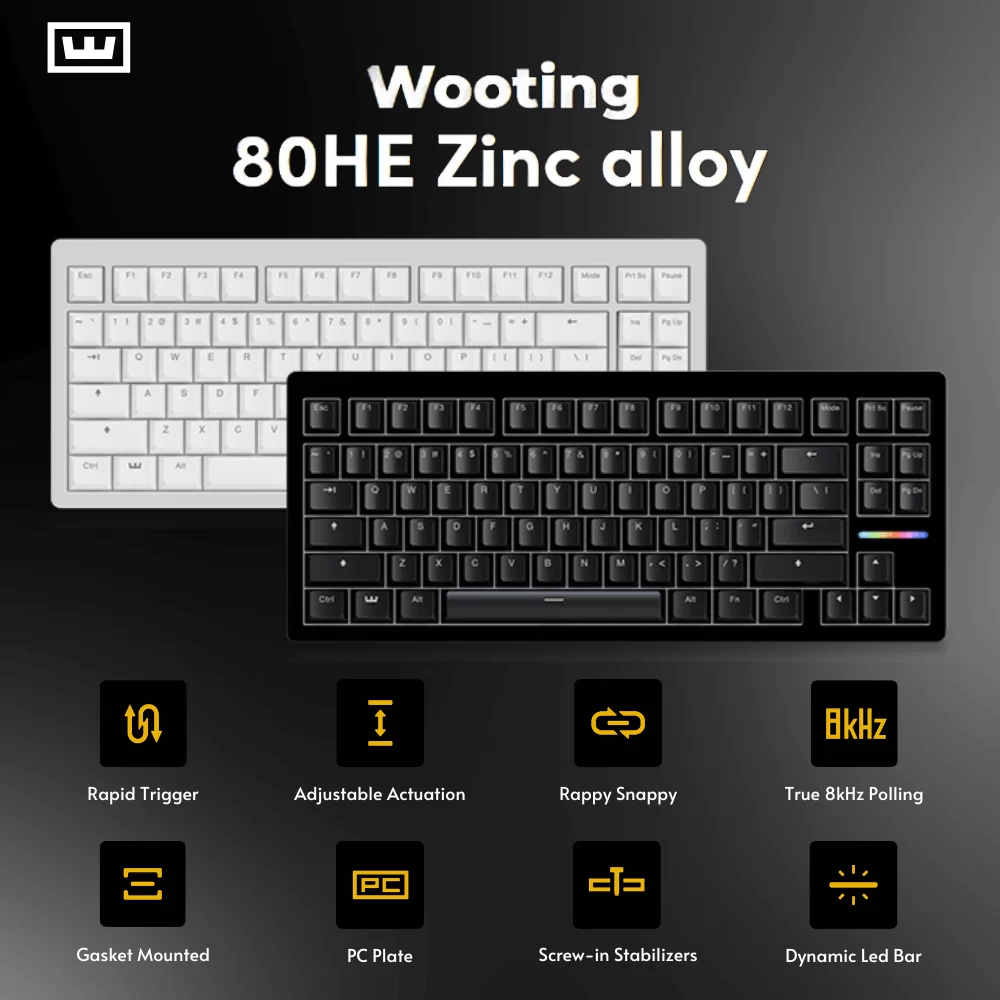 Wooting 80HE Zinc alloy Lekker V2 L60 switches Gaming Keyboard - LED bar, Rapid Trigger, True 8kHz Polling, Gasket Mounted, PC Plate, Screw-in Stabilizers 1 Wooting 80HE Zinc alloy Lekker V2 L60 switches Gaming Keyboard - LED bar, Rapid Trigger, True 8kHz Polling, Gasket Mounted, PC Plate, Screw-in Stabilizers