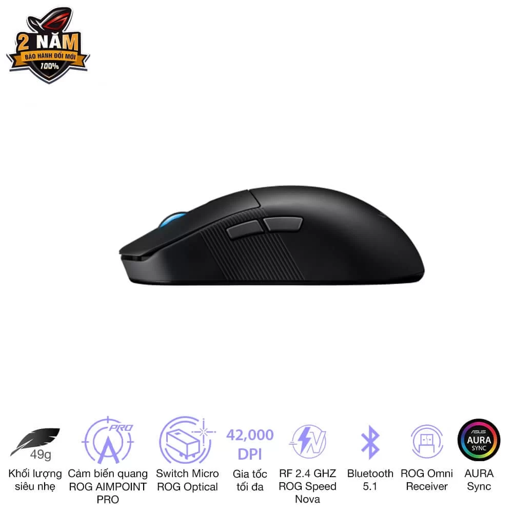 ASUS ROG Harpe Ace Mini Black Gaming Mouse - 49g ultra-lightweight, Wireless 2.4GHz RF, Bluetooth, Wired, 42K DPI Sensor 2 ASUS ROG Harpe Ace Mini Black Gaming Mouse - 49g ultra-lightweight, Wireless 2.4GHz RF, Bluetooth, Wired, 42K DPI Sensor - Ảnh 2