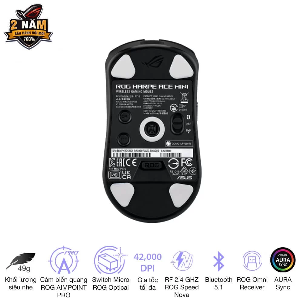 ASUS ROG Harpe Ace Mini Black Gaming Mouse - 49g ultra-lightweight, Wireless 2.4GHz RF, Bluetooth, Wired, 42K DPI Sensor 9 ASUS ROG Harpe Ace Mini Black Gaming Mouse - 49g ultra-lightweight, Wireless 2.4GHz RF, Bluetooth, Wired, 42K DPI Sensor - Ảnh 9