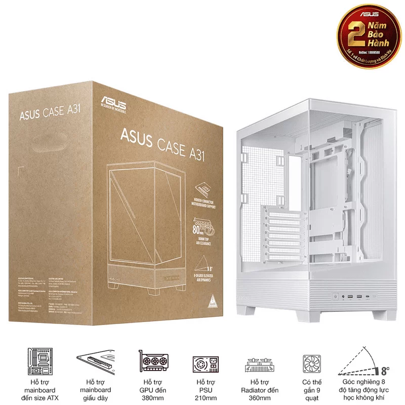 ASUS A31 White ATX Mid-Tower Case - BTF Hidden Connectors, 8° Angled Base, Dual-Sided Tempered Glass 2 ASUS A31 White ATX Mid-Tower Case - BTF Hidden Connectors, 8° Angled Base, Dual-Sided Tempered Glass - Ảnh 2