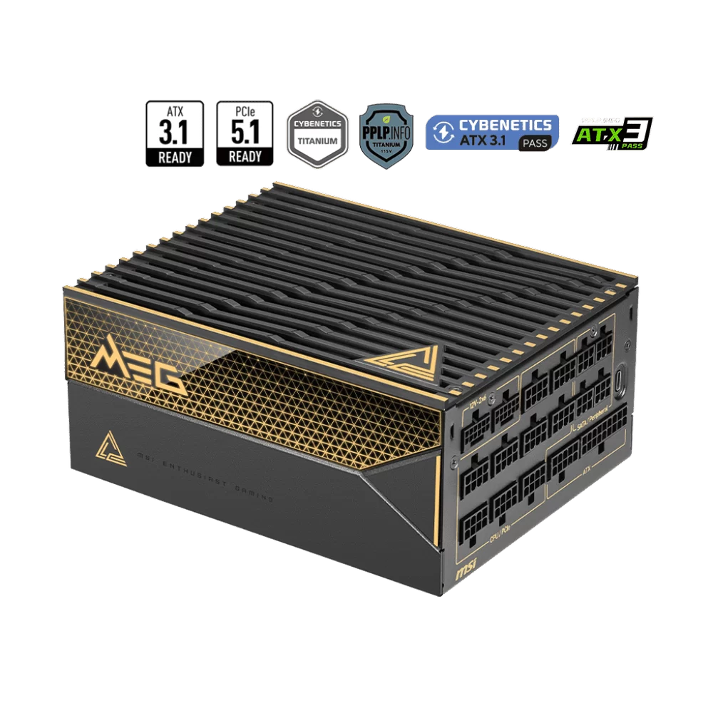MSI MEG Ai1600T ATX 3.1 PCIE 5.1 PSU - 1600W, 80 plus Titanium, full-modular, Dual 12V-2x6 Cable 1 MSI MEG Ai1600T ATX 3.1 PCIE 5.1 PSU - 1600W, 80 plus Titanium, full-modular, Dual 12V-2x6 Cable