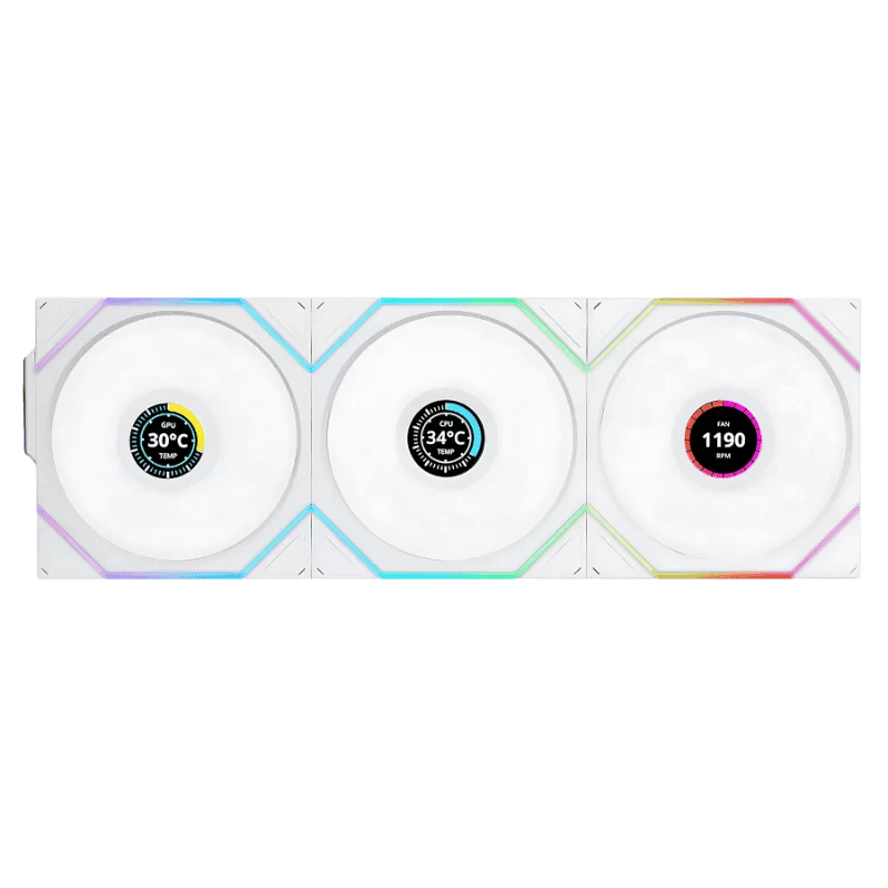 Lian Li UNI FAN TL120 LCD Wireless Reverse Blade Triple White Fan (12RTLLCD1W3W) - 3x 120mm fans, 2.4 GHz Wireless Signal for RGB & Fan Control 1 Lian Li UNI FAN TL120 LCD Wireless Reverse Blade Triple White Fan (12RTLLCD1W3W) - 3x 120mm fans, 2.4 GHz Wireless Signal for RGB & Fan Control
