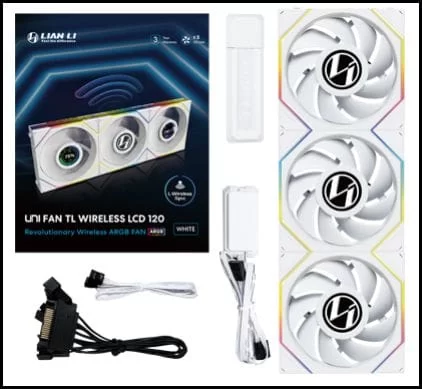 Lian Li UNI FAN TL120 LCD Wireless Triple White Fan (12TLLCD1W3W) - 3x 120mm fans, 2.4 GHz Wireless Signal for RGB & Fan Control 2 Lian Li UNI FAN TL120 LCD Wireless Triple White Fan (12TLLCD1W3W) - 3x 120mm fans, 2.4 GHz Wireless Signal for RGB & Fan Control - Ảnh 2