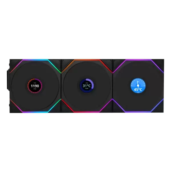 Lian Li UNI FAN TL120 LCD Wireless Triple Black Fan (12TLLCD1W3B) - 3x 120mm fans, 2.4 GHz Wireless Signal for RGB & Fan Control 4 Lian Li UNI FAN TL120 LCD Wireless Triple Black Fan (12TLLCD1W3B) - 3x 120mm fans, 2.4 GHz Wireless Signal for RGB & Fan Control - Ảnh 4