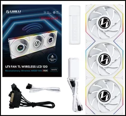 Lian Li UNI FAN TL120 LCD Wireless Reverse Blade Triple White Fan (12RTLLCD1W3W) - 3x 120mm fans, 2.4 GHz Wireless Signal for RGB & Fan Control 8 Lian Li UNI FAN TL120 LCD Wireless Reverse Blade Triple White Fan (12RTLLCD1W3W) - 3x 120mm fans, 2.4 GHz Wireless Signal for RGB & Fan Control - Ảnh 8