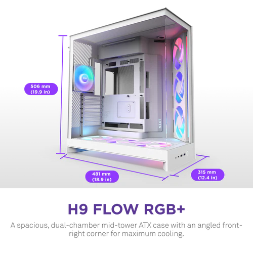 NZXT H9 Flow RGB+ White Large Dual-Chamber Mid-Tower ATX Airflow Case - Control Hub includes 2 NZXT H9 Flow RGB+ White Large Dual-Chamber Mid-Tower ATX Airflow Case - Control Hub includes - Ảnh 2