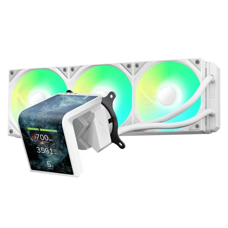 TRYX PANORAMA SE ARGB 360 WHITE AIO Liquid CPU Cooler - 6.5inch curved screen, 360mm radiator, Asetek Adela pump, 3x ARGB Gen2 Fans 3 TRYX PANORAMA SE ARGB 360 WHITE AIO Liquid CPU Cooler - 6.5inch curved screen, 360mm radiator, Asetek Adela pump, 3x ARGB Gen2 Fans - Ảnh 3