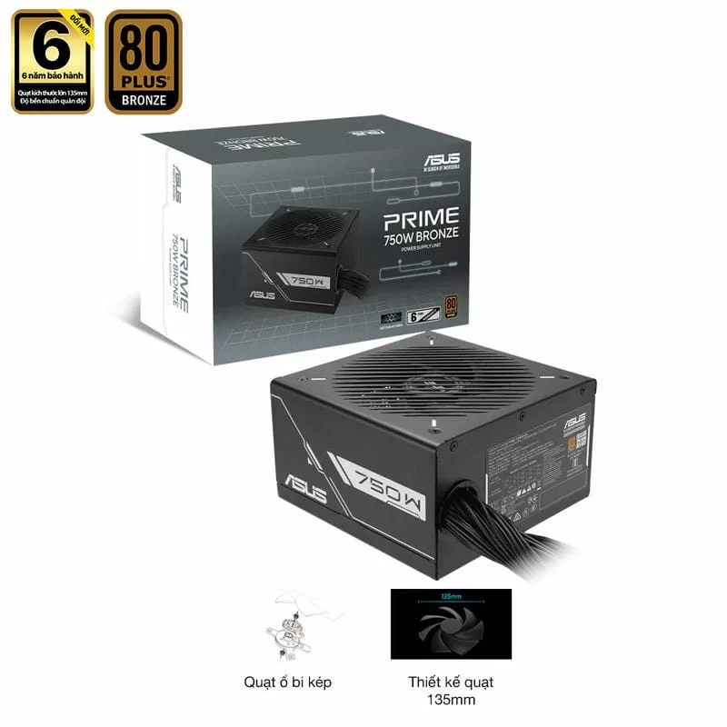 ASUS Prime 750B Black PSU - 750W Bronze, Dual Ball Fan Bearings, 135mm Fan Design 2 ASUS Prime 750B Black PSU - 750W Bronze, Dual Ball Fan Bearings, 135mm Fan Design - Ảnh 2