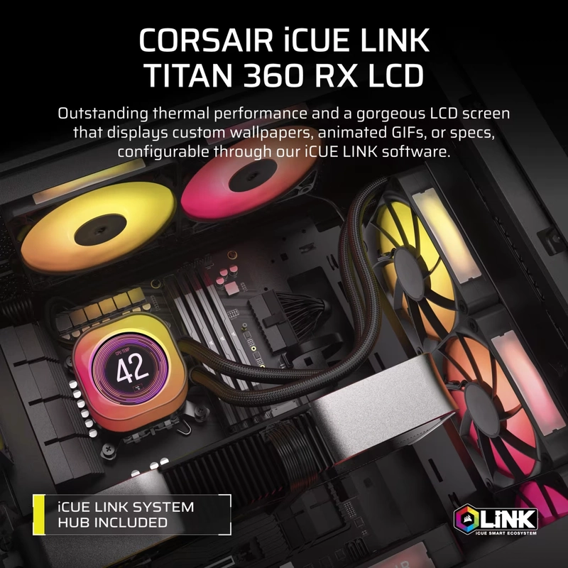 CORSAIR iCUE LINK TITAN 360 RX LCD AIO Liquid CPU Cooler (CW-9061023-WW) - Black, 360mm radiator, 2.1" (480x480) IPS Dispaly, iCUE LINK System Hub included 7 CORSAIR iCUE LINK TITAN 360 RX LCD AIO Liquid CPU Cooler (CW-9061023-WW) - Black, 360mm radiator, 2.1" (480x480) IPS Dispaly, iCUE LINK System Hub included - Ảnh 7