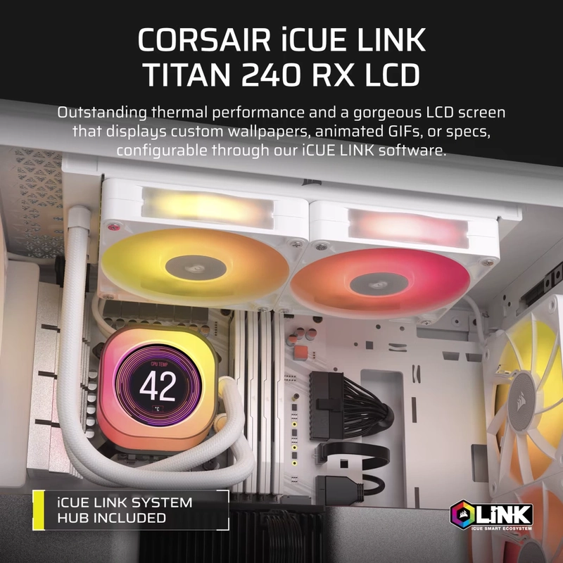 CORSAIR iCUE LINK TITAN 240 RX LCD AIO Liquid CPU Cooler (CW-9061025-WW) - White, 240mm radiator, 2.1" (480x480) IPS Dispaly, iCUE LINK System Hub included 7 CORSAIR iCUE LINK TITAN 240 RX LCD AIO Liquid CPU Cooler (CW-9061025-WW) - White, 240mm radiator, 2.1" (480x480) IPS Dispaly, iCUE LINK System Hub included - Ảnh 7