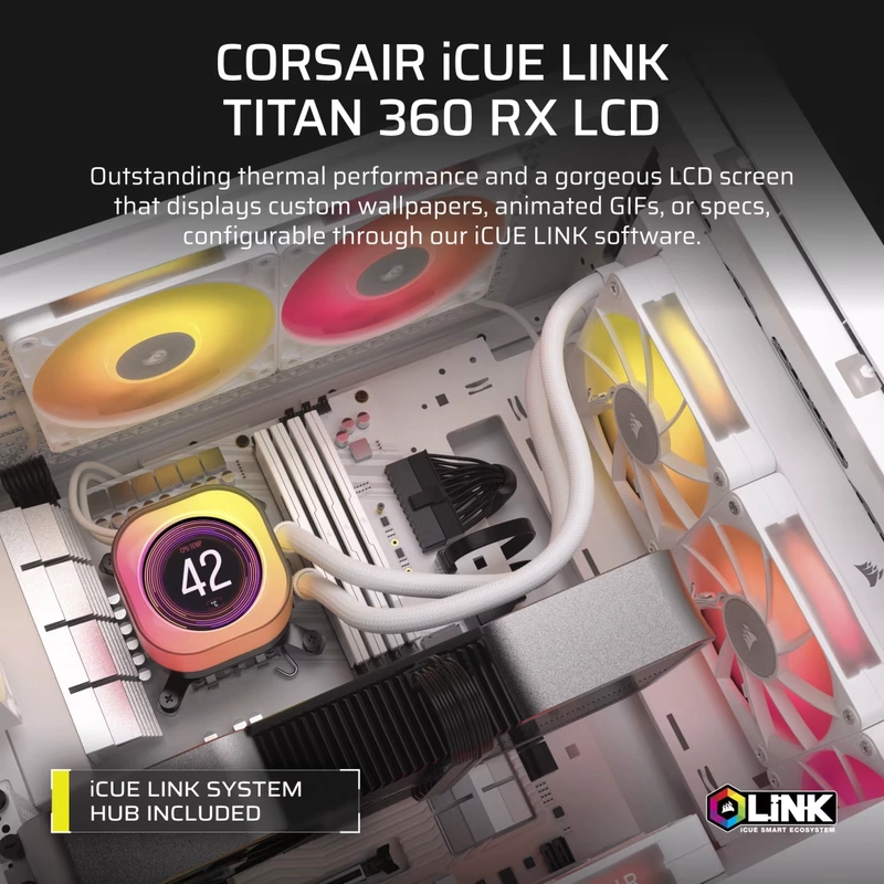 CORSAIR iCUE LINK TITAN 360 RX LCD AIO Liquid CPU Cooler (CW-9061026-WW) - White, 360mm radiator, 2.1" (480x480) IPS Dispaly, iCUE LINK System Hub included 5 CORSAIR iCUE LINK TITAN 360 RX LCD AIO Liquid CPU Cooler (CW-9061026-WW) - White, 360mm radiator, 2.1" (480x480) IPS Dispaly, iCUE LINK System Hub included - Ảnh 5