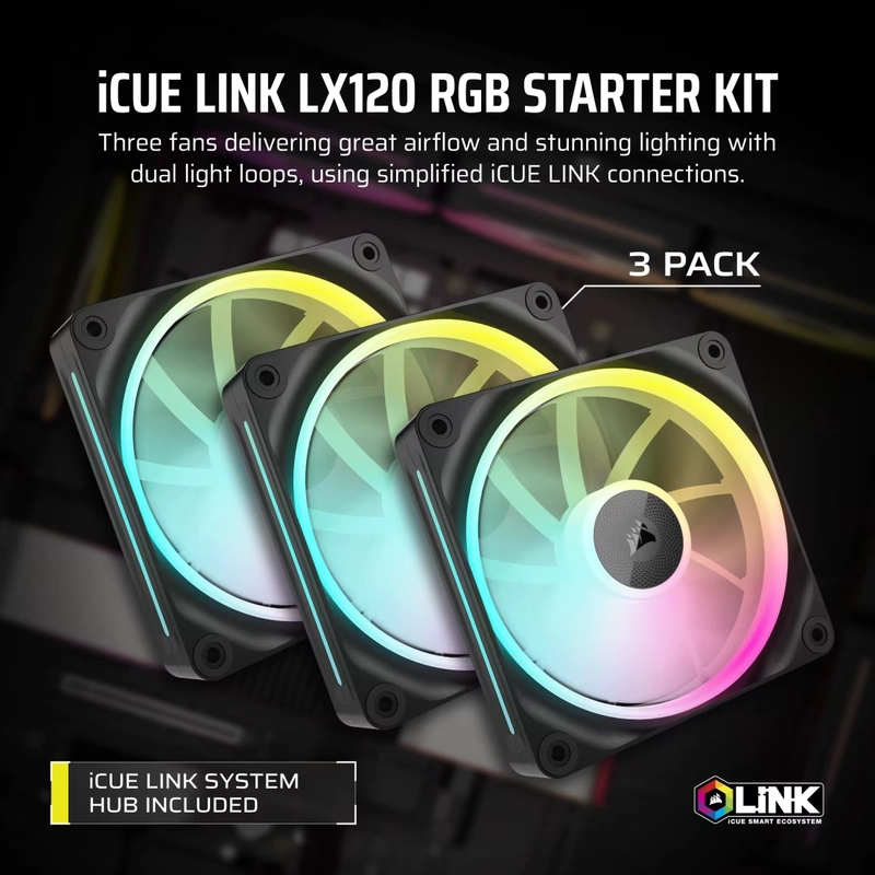CORSAIR iCUE LINK LX120 RGB Black 120mm PWM Fans Starter Kit Fans - 120mm 2400RPM Static Pressure RGB Fan 6 CORSAIR iCUE LINK LX120 RGB Black 120mm PWM Fans Starter Kit Fans - 120mm 2400RPM Static Pressure RGB Fan - Ảnh 6