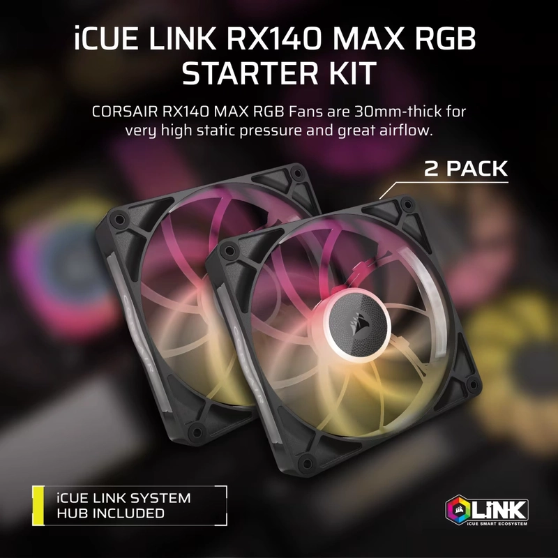 CORSAIR iCUE LINK RX140 MAX RGB Black 140mm PWM Thick Fans Starter Kit Fans - 2x 140mm PWM Fan, iCUE LINK System Hub included 4 CORSAIR iCUE LINK RX140 MAX RGB Black 140mm PWM Thick Fans Starter Kit Fans - 2x 140mm PWM Fan, iCUE LINK System Hub included - Ảnh 4